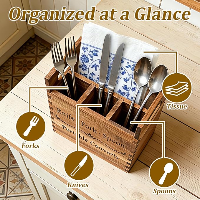 Portable Acacia Wood Kitchen Utensil Holder with Handle, Farmhouse Countertop 4-Compartment Wooden Cooking Utensil Holder for Counter, Island & Dining Room