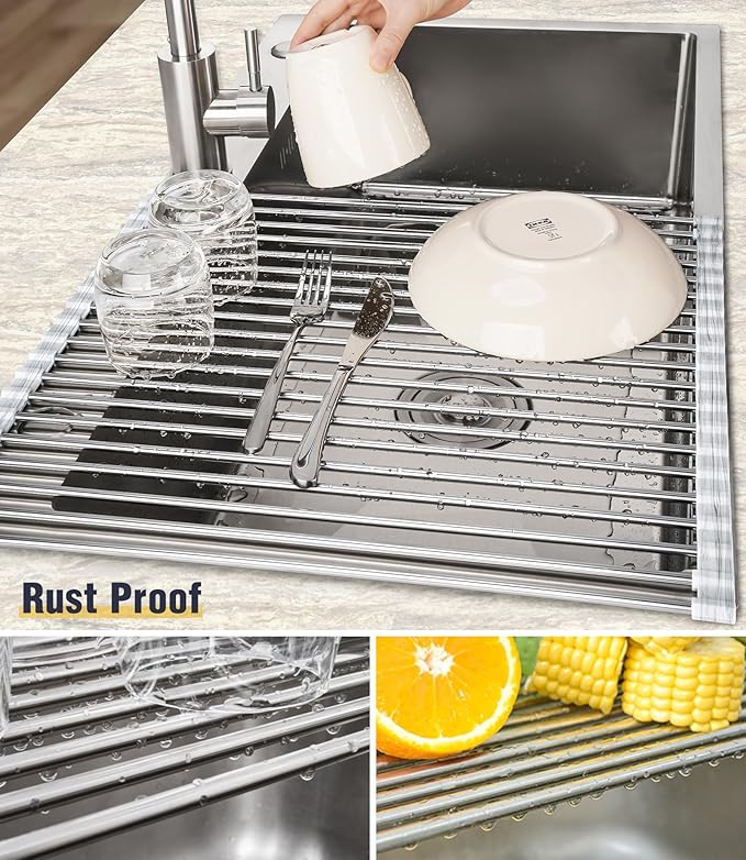 Tomorotec Stainless Steel Roll-Up Dish Drying Rack Marble Color Silicone Edges, Foldable Kitchen Rack Heat Resistant Trivet Supports up to 70 lbs, Food Safe for Dishes, Cookware & More