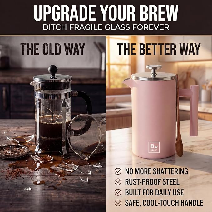 Barista Warrior French Press Coffee Maker - Double-Wall Stainless Steel Insulated French Press with Built-In Thermometer, Dual Filters Coffee Maker with Wooden Spoon - Pink