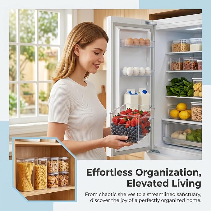 Thickened Crystal Clear Freezer Storage Bins, Multipurpose Freezers Handles Storages Bins, Stackable Deep Crystal Freezer Storage Cold Easy To Clean For Every Room(2S Clear+2S Green)