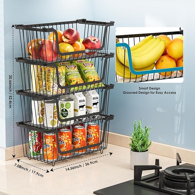 GAOKASE 4 Pcs Stackable Wire Baskets for Pantry Organizers and Storage,Vegetable Fruit Basket for Countertop,Kitchen Storage Metal Baskets,Produce Potato Onion Storage Bin,Black