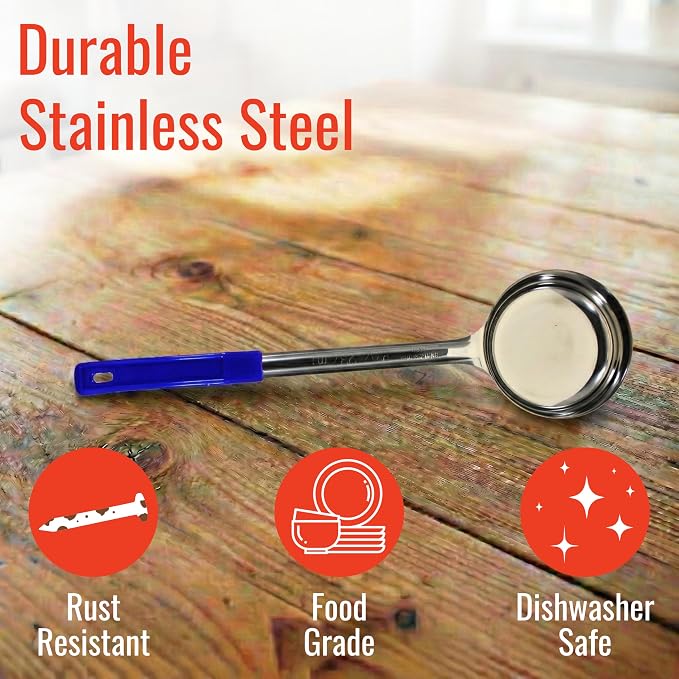 8 oz Solid Stainless Steel Portion Control Ladle Spoon | Commercial-Grade Spoodle for Portioning & Serving - Soups, Sauces & Buffet Service. Color-Coded by Size. Dishwasher Safe.
