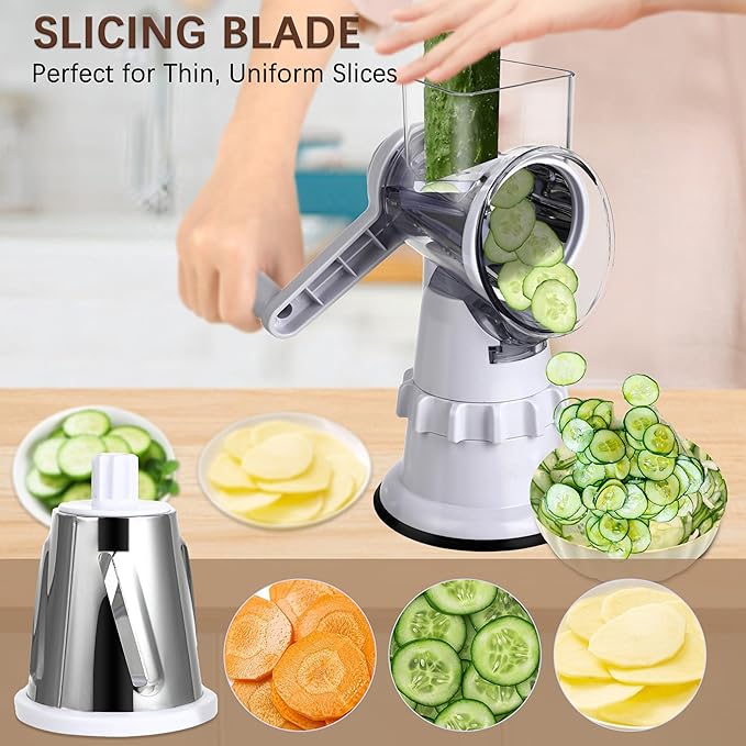 Rotary Cheese Grater Hand Crank, Vegetable Slicer with 3 Blades, Stable Suction, Labor-Saving Handle, Cheese Shredder for Potato Vegetables Nuts Chocolate, White