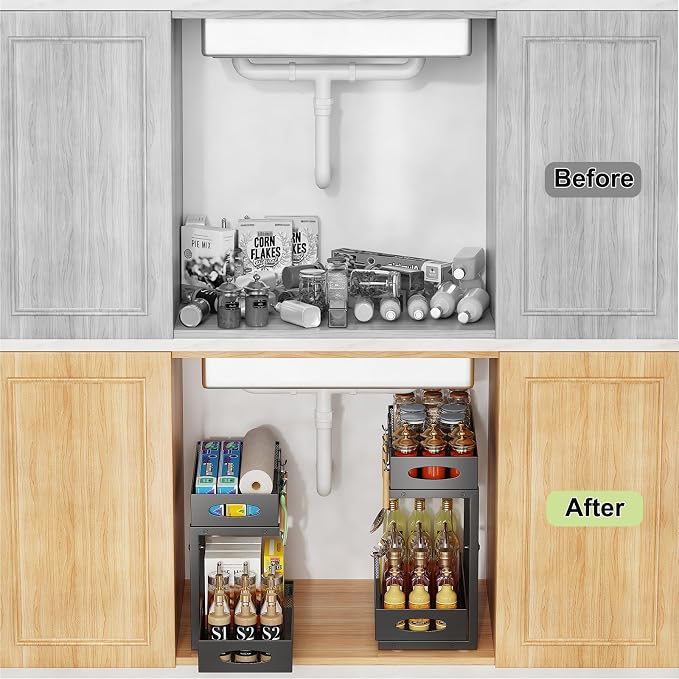 Under Sink Organizer, Pull Out Cabinet Organizer, Black | Rustproof Carbon Steel, 2 Tier Mesh Sliding Drawers, 5-Level Height Adjustable to Bypass Pipes, for Kitchen Bathroom Laundry