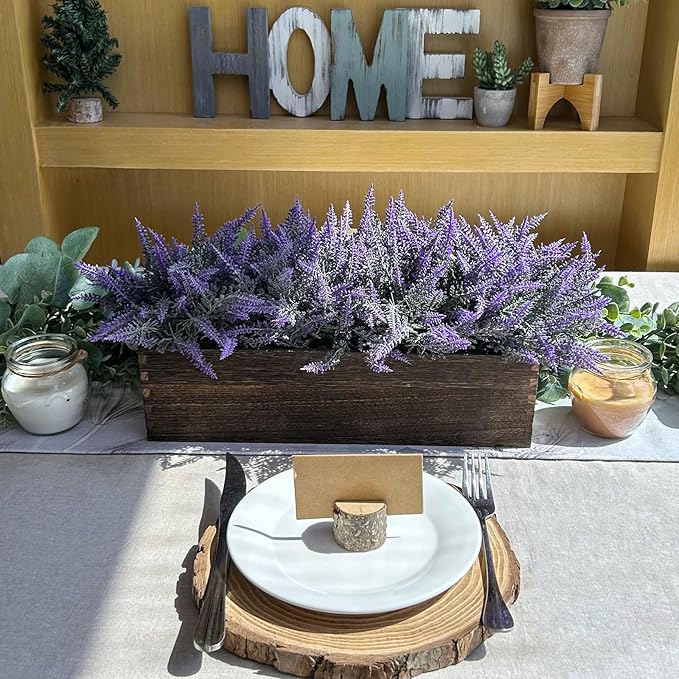 Winlyn 14" Artificial Lavender Flowers Plants in Rectangular Wooden Planter Box Faux Frosted Lavender Potted Arrangements Floral Centerpiece for Farmhouse Home Wedding Table Centerpiece Mantel Décor