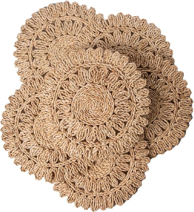 Laquedecraft 13.8" Set of 6 Round Corn Husk Placemats | Boho Woven Rattan Table Mats | Farmhouse Wicker Spring Plate Chargers Like Water Hyacinth, Seagrass for Wedding, Party, Christmas, Events
