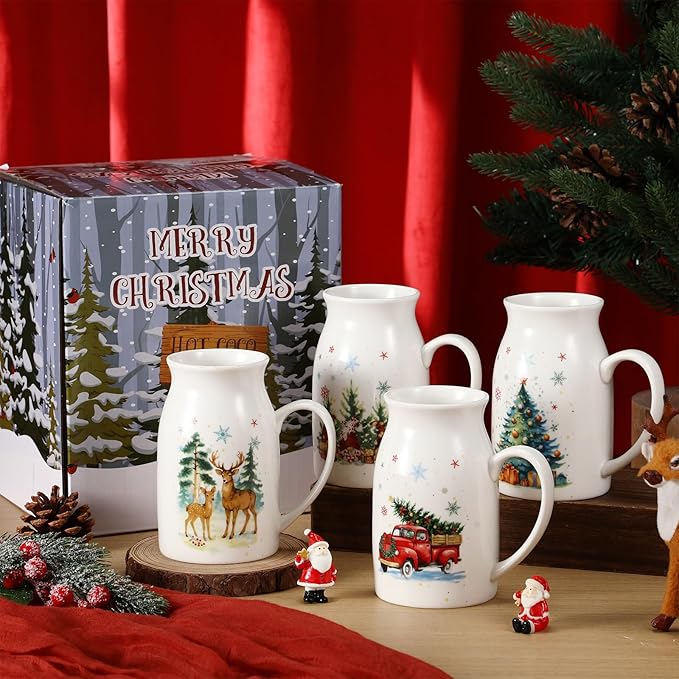 Hushee 13.5 oz Ceramic Christmas Mugs Set of 4 with Gift Box Xmas Coffee Mugs with Festive Pattern Design Reindeer Xmas Tree Snowman Truck Christmas Gifts for Women Men(Watercolor)