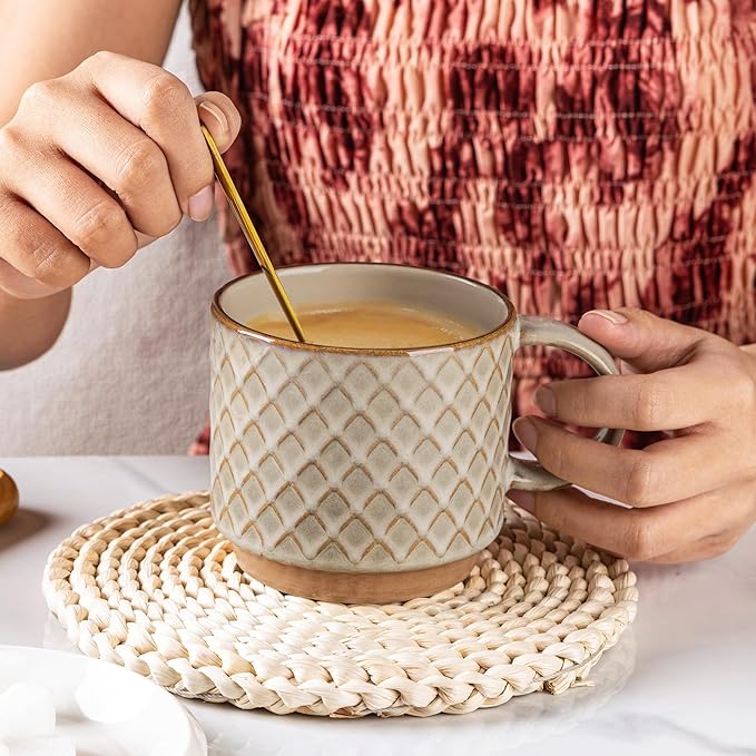GBhome 12OZ Stackable Coffee Mugs with Stand, Ceramic Coffee Mugs with Texture Patterns for Man,Woman,Dad,Mom, Modern Coffee Cups Set of 4 for Latte/Cappuccino/Cocoa. Dishwasher&Microwave Safe