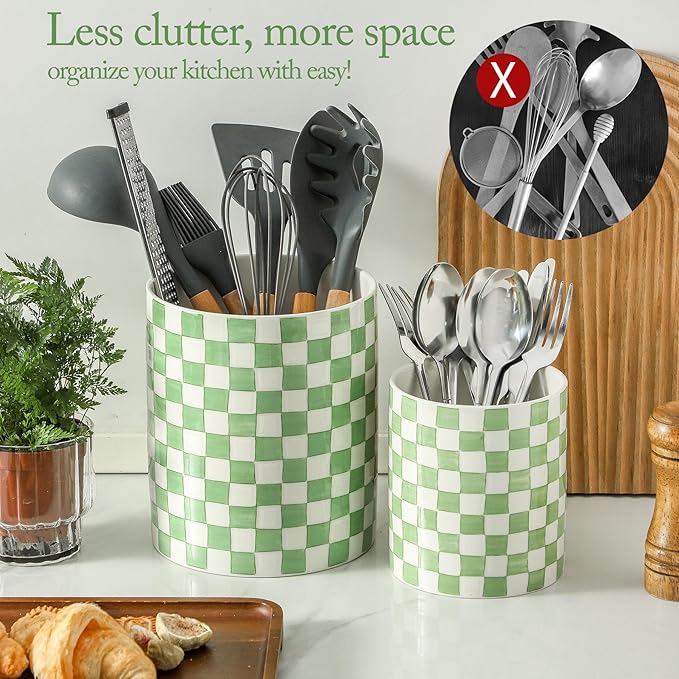 7" Ceramic Hand painted Utensil Holder, Large Kitchen Utensil Holder Organizer ,Stable Utensil Crock Spatula Holder for Kitchen Counter Countertop Farmhouse Cooking Tools Holder (Green)