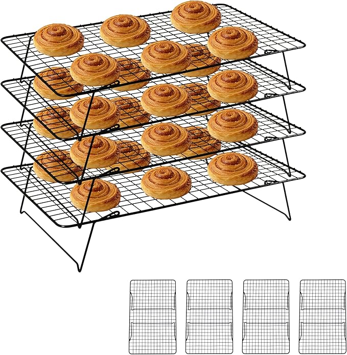 Cooling Rack, 4 Tier Stackable Cooling Racks for Cooking Baking Roasting, Multi-Level Collapsible Cookie Rack for Cakes, Oven Safe & Easy Clean (Black, 4-Tier)