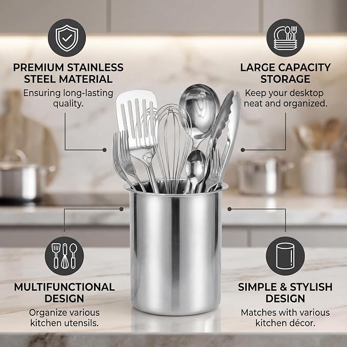 Luqeeg Stainless Steel Utensil Holder, Large Capacity Cutlery Storage, Flatware Cylinder with Simple Stylish Design for Countertop Kitchen Table Dining Table (Without Holes)