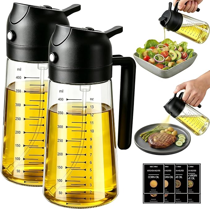 Poshetion 2 in 1 Olive Oil Sprayer for Cooking, 16oz Oil Dispenser for Kitchen, Leak-Proof Oil Spray Bottle for Air Fryer, Salad, BBQ, Baking, Grilling - Black & Black