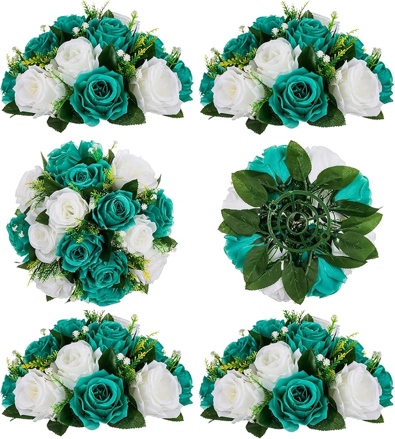 BLOSMON Teal Flowers Artificial Centerpieces: 6 Pcs Fake Roses Flowers Balls for Wedding Dinning Table - Faux Silk Kissing Floral Arrangement for Home Party Event Decor | Artificial Floral Arrangement for Wedding Dinning Table - Faux Silk Kissing bouqu...