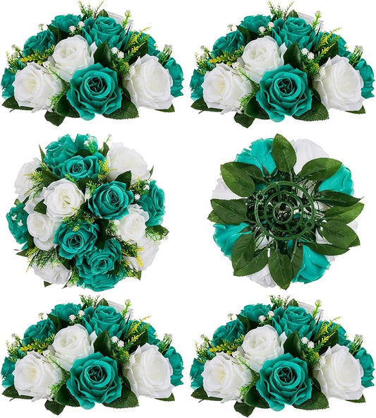 BLOSMON Teal Flowers Artificial Centerpieces: 6 Pcs Fake Roses Flowers Balls for Wedding Dinning Table - Faux Silk Kissing Floral Arrangement for Home Party Event Decor | Artificial Floral Arrangement for Wedding Dinning Table - Faux Silk Kissing bouqu...