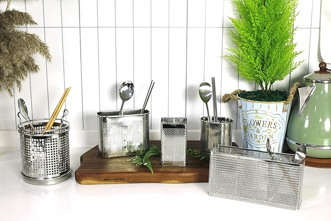 LENITH Stainless Steel Kitchen Round Utensil Holder - Weighted Base for Stability - Utensil Crock With Removable Divider for Easy Cleaning (Round Tulip)
