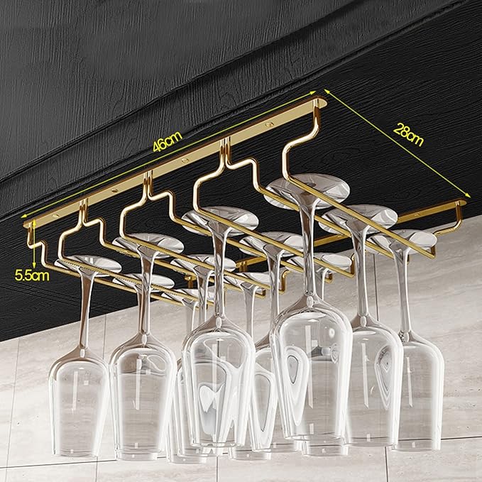 Gold Wine Glass Rack Hanging Metal 304 Stainless Steel Under Cabinet Shelf Stemware Racks Wine Champagne Goblets Holder for Kitchen Bar Pub (Size : 46x28x5.5cm)