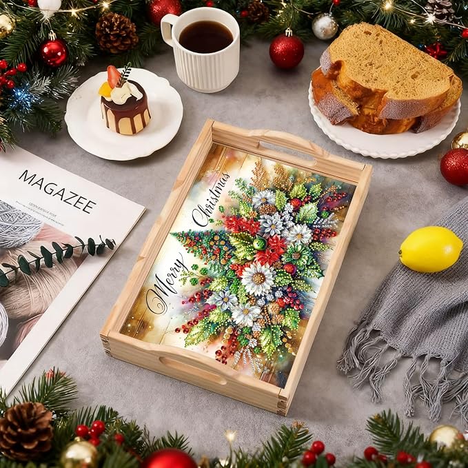 BAYUNOE DIY Diamond Serving Tray Christmas Rectangular Breakfast Tray with Handle Handmade Diamond Art Painting Wooden Tray for Dinner Plate Coffee Room Living Home Organizer-Christmas Flowers