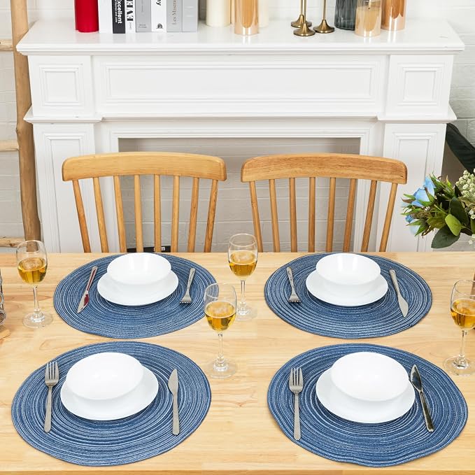 Winknowl Round Braided Placemats Set of 8 Washable Woven Heat Resistant Table Mats for Kitchen Dining Tables 15 inch Round Place Mats (Seascape Blue,8)