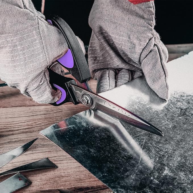 LIVINGO Heavy Duty Industrial Scissors: 10" Utility Stainless Steel Scissors all Purpose Premium Titanium Coating Forged Shop Shears for Household Pruning, Gardening, Construction, Black & Purple