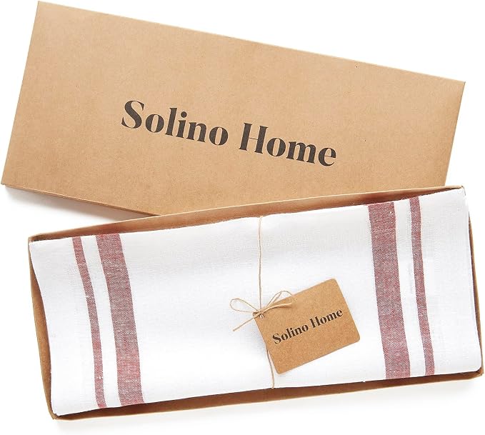 Solino Home Linen Table Runner 120 Inches Long - French Stripe, 100% Pure Linen Red and White Farmhouse Table Runner 14 x 120 Inch Ideal for Dining, Summer, 4th of July