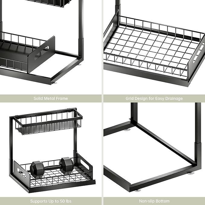 VUSIGN Under Kitchen Sink Organizer 2 Tier, Pull Out Bathroom Sink Organizers and Storage, Cabinet Kitchen Bathroom Storage Organization Shelf, 1 Pack Black