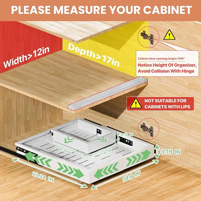2 Pack Pull out Cabinet Organizer, Width (12"-19") Depth (17"-23"), with 3 Rails Adjustable Slide, Expandable Pullout Drawers for Cabinets, No Drill Adhesive Kitchen Drawers for Pantry Shelves