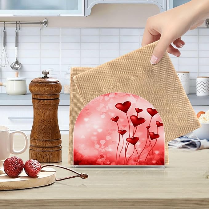 Valentine's Day Pink Hearts Napkin Holder for Tables Paper Cocktail Napkin Holders for Kitchen and Dinning, Acrylic Dinner Napkin Dispenser for Restaurant Home Decor Bar Accessories 2 Pack