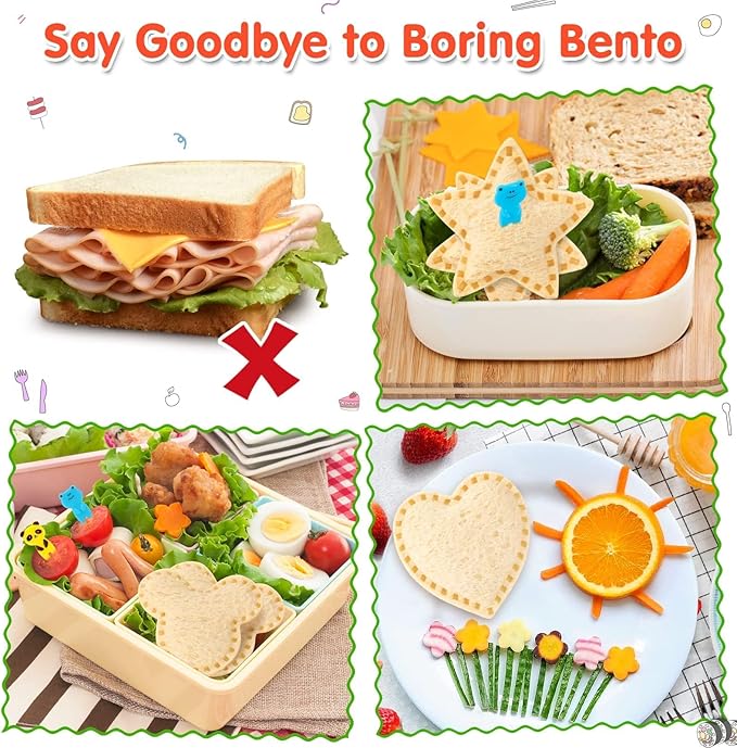 30Pcs Sandwich Cutter and Sealer for Kids Fruit Cutters Shapes Food Picks Crustless Sandwich Shape Cutters Decruster Sandwich Maker DIY Cookie Cutter Boys Girls School Bento Box