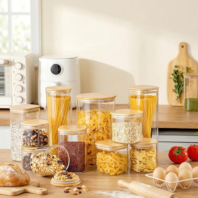 HomArtist Square Glass Jars with Bamboo Lids [Muti Size Set of 5], Glass Canisters with Airtight Lids, Glass Food Storage Containers for Pasta, Cereal, Flour, Sugar, Best for Kitchen & Pantry