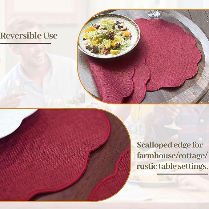 AHHFSMEI Round Faux Linen Placemats Set of 6 Heat Resistant Non-Slip Stain Proof Table Mats for Kitchen Dining Elegant Decor Place Mats (Burgendy red,6)