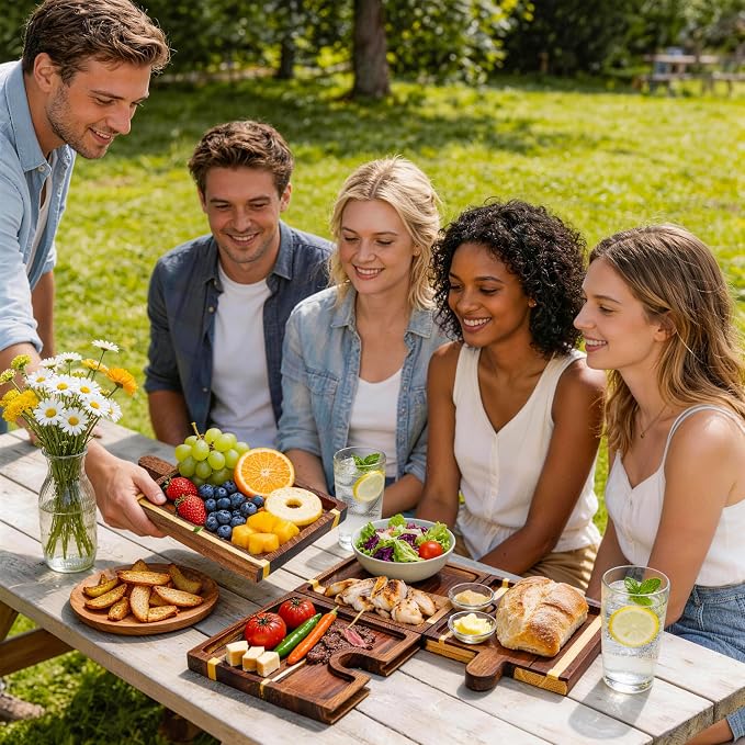 Wooden Charcuterie Boards Set of 4, Puzzle Serving Trays with Stand | Made from acacia wood,4-piece puzzle design,portable,18 inch ideal for charcuterie,snacks,appetizers,parties and gatherings
