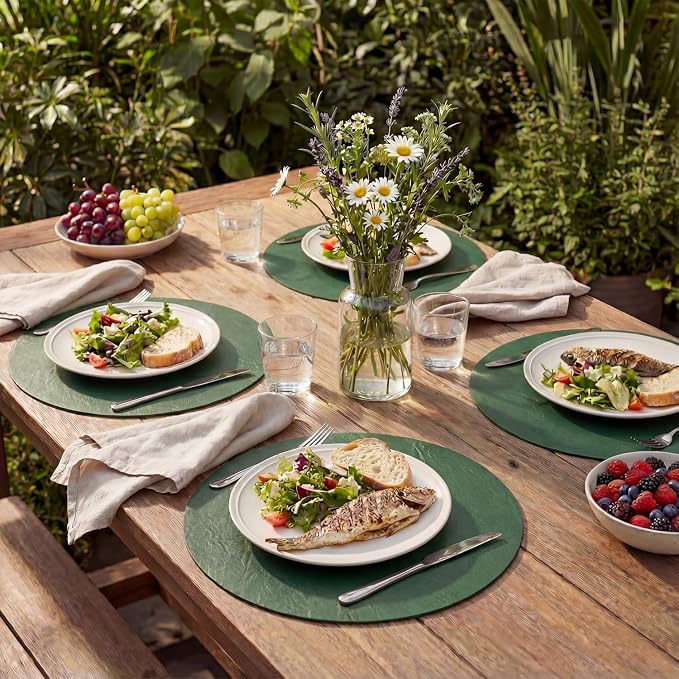 Artoid Mode Green Faux Leather Placemats Set of 4, 15 Inch Waterproof Wipeable Heat Resistant Vinyl Place Mats, Reversible Table Mats for St. Patrick's Day Dining Decor