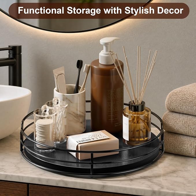 Optish 10" Lazy Susan Turntable for Table Top, Wooden Lazy Susan Organizer for Cabinet, Kitchen, Countertop, Pantry, Spice Organizer, Bathroom, Vanity, Table Decor, Black, Non-Slip Bottom