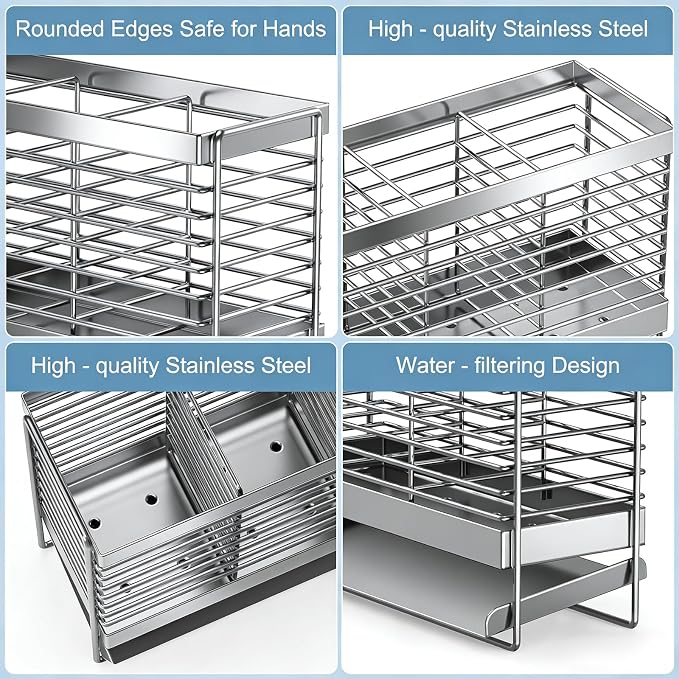 Utensil Holder, Upgrade Stainless Steel Utensil Drying Rack with Automatic Drain Tray for Kitchen Counter, Silverware Cutlery Organizer for Spoons, Forks, Knifes, Chopsticks (Silver)