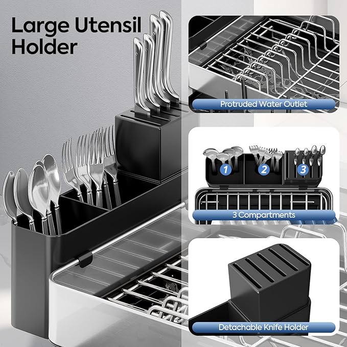 Urackify Dish Drying Rack for Kitchen Counter - Stainless Steel Dish Drainer with Drain Board, Removable Utensil Holder, Rust-Proof Plate, Non-Slip Feet, Large Capacity for 10 Plates 6 Bowls 4 Cups
