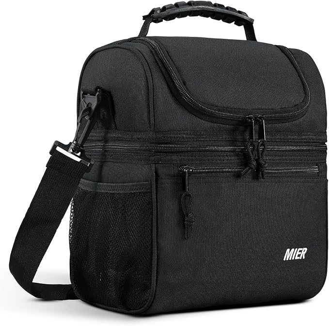 MIER Insulated Lunch Box Dual Compartment Lunch Bag Leakproof Cooler for Men Women Adult Work, Black, Medium (Upgraded Extra-Tall Bottom Layer)