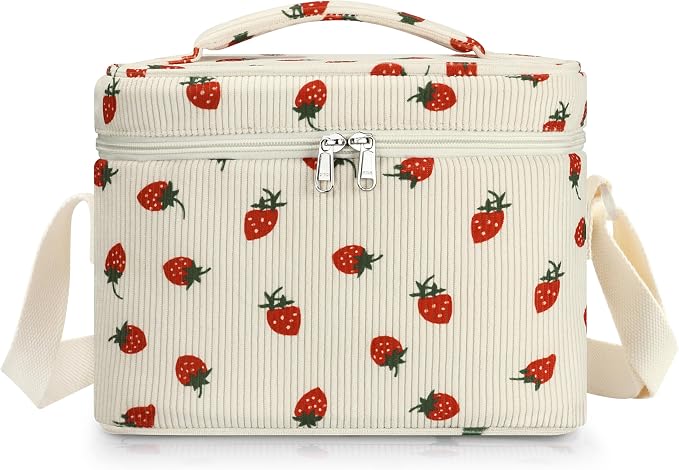 TESAFNG Insulated Lunch Bag for Women, Cute Corduroy Reusable Lunch Box for Adult, Leakproof Cooler Bag for Work Office Travel Picnic, Lunch Tote Bag with Adjustable Shoulder Strap (Strawberry)