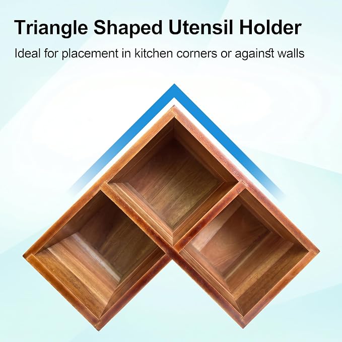 ZUJJAFY Utensil Holder, Corner Utensil Holder for Kitchen Counter, Acacia Wood Kitchen Utensil Holder for Countertop with 3 Compartments, Wooden Cooking Utensil Organizer for Spatula Storage