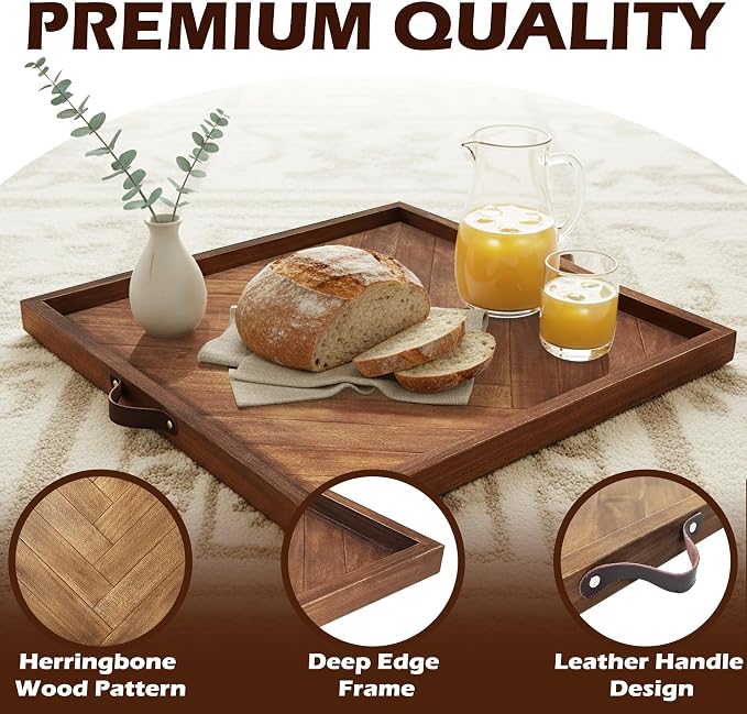 Large Square Ottoman Tray 24.5"x24.5", Wooden Ottoman Trays with Leather Handles, Rustic Decorative Storage Tray for Ottoman