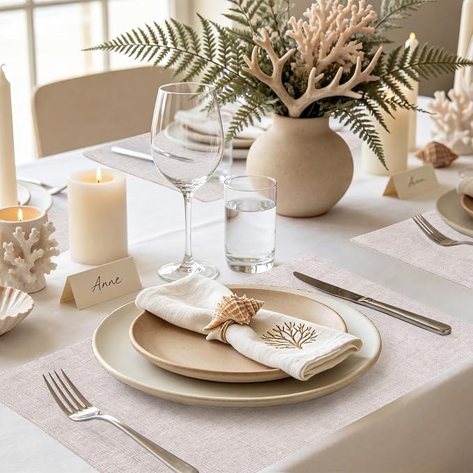 homing Faux Cotton Linen Placemats Set of 6, Cloth Washable Farmhouse Dining Table Mats for Indoors & Outdoors, Easy to Clean, Neutral Beige, 13 x 19 Inch