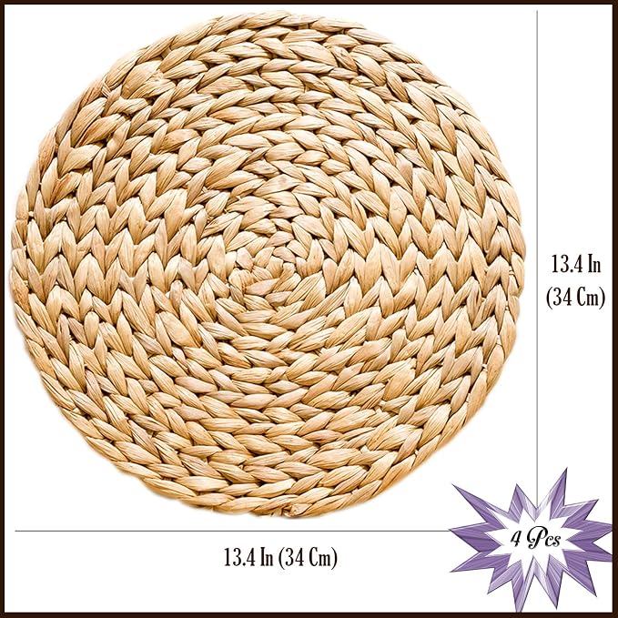 Woven Placemats Set of 4, Table Mats Set of 4, Water Hyacinth Round Placemats for Round Table, Chargers for Dinner Plates, Wicker Chargers for Dinner Plates, Woven Placemat, Place Mats 13.4 in