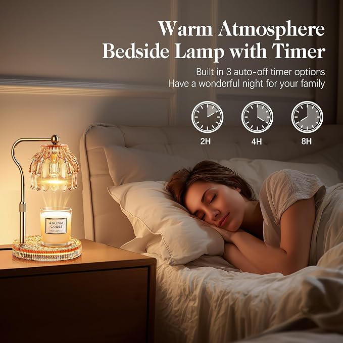 Candle Warmer Lamp with Timer Dimmer, Modern Wax Warmer for Scented Wax Jar Candle Warmer with 2 Bulbs, Adjustable Height Glass Lamp for Women, House Warming Gifts, Gold Amber