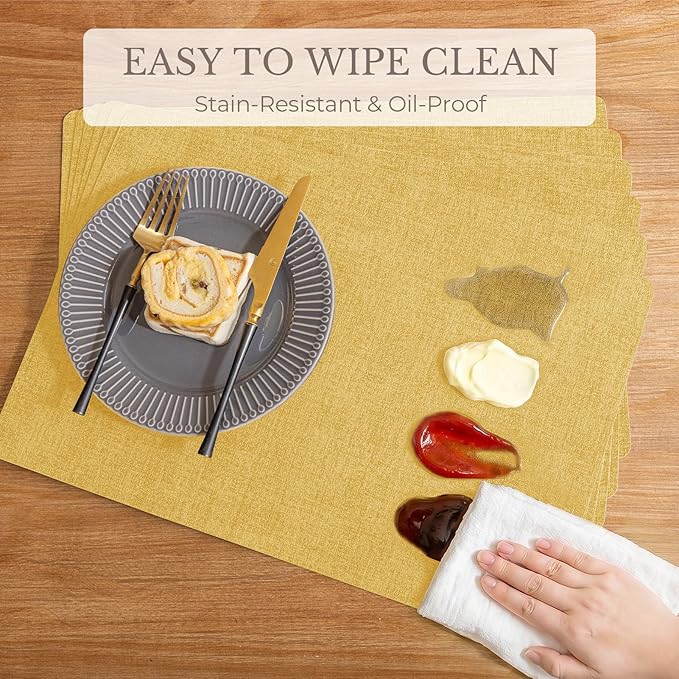 Romanstile Vinyl Placemats Set of 6-12 X 17 Inch - Faux Leather 100% Waterproof Wipeable Anti Slip Place Mats, Heat Resistant Reversible PU Table Mats for Kitchen Dining Party Outdoor, Yellow