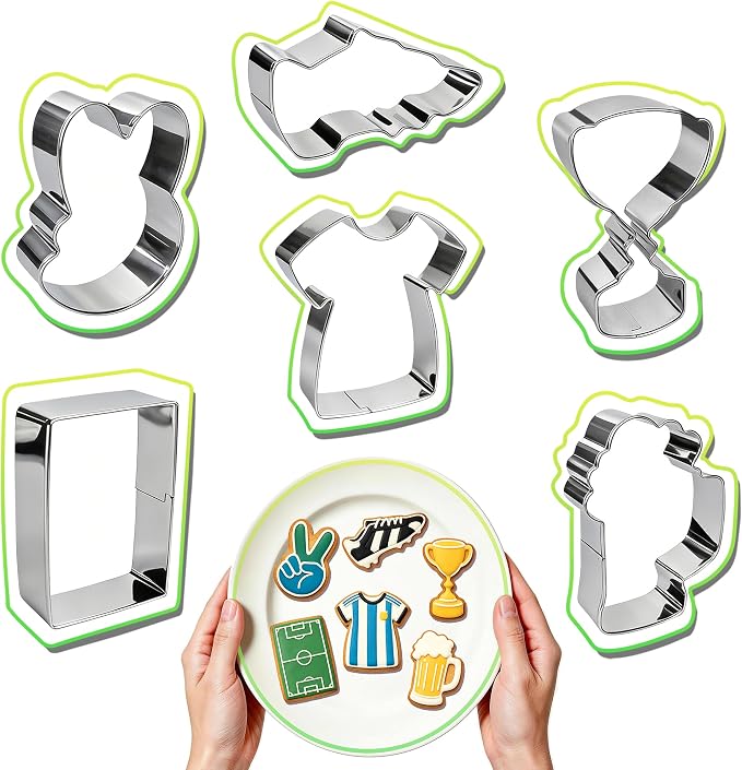 KickFry Sports Cookie Cutters Set - 6Pcs Stainless Steel Football Soccer Biscuit Cutters for Home Bakers & Soccer Fans, World Cup Finals, Game Day, Soccer Party, Fondant Sugar Cookies