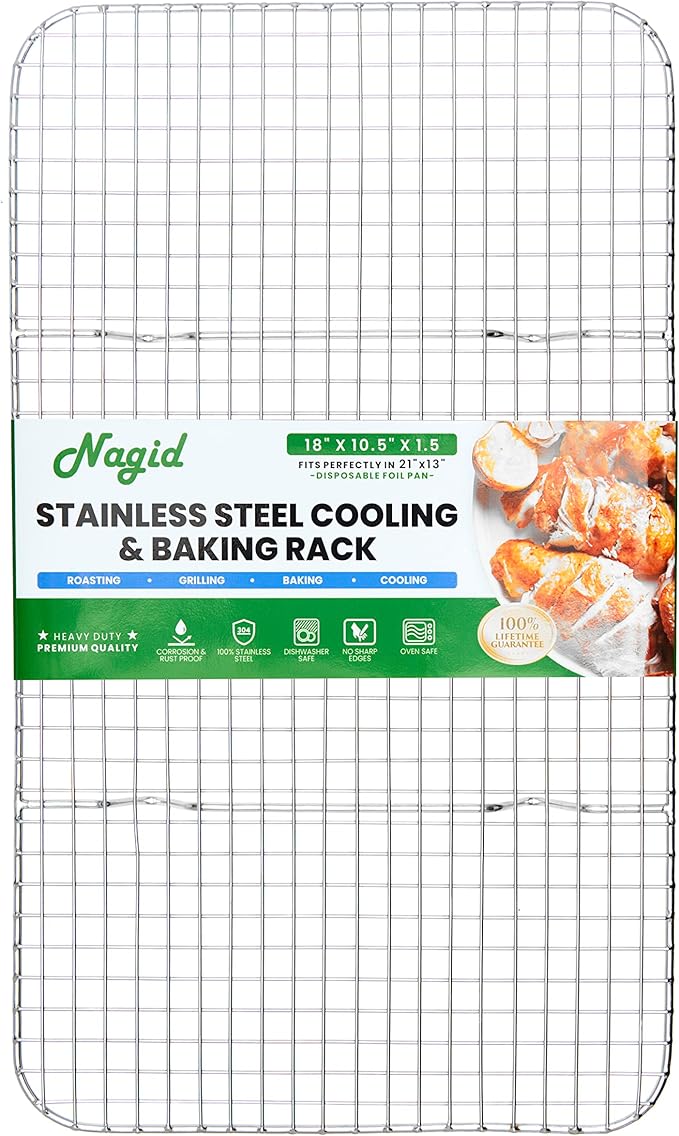 Nagid 100% Stainless Steel Rack - Fits Standard 21” x 13” Disposable Aluminum Pan – Size 18” x 10.5” x 1.5” - Great for Steaming - Cooling – Baking – Roasting - Grilling