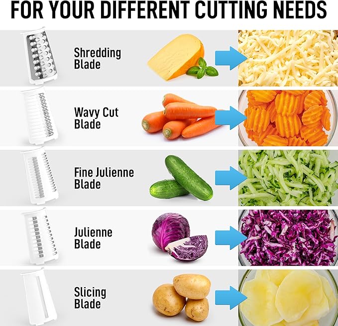 Zulay Kitchen Rotary Cheese Grater 5 Blade Cheese Shredder - Manual Hand Crank Cheese Grater With Reinforced Suction & 5 Interchangeable Drums - Easy to Use, Vegetable Chopper Round Mandoline Slicer