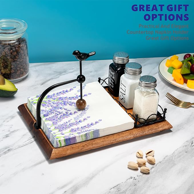 Charming Wooden Napkin Holder with Bird Design – Includes Space for Salt and Pepper Shakers – Multifunctional Black Napkin Holder for Table, Kitchen & Outdoor Use