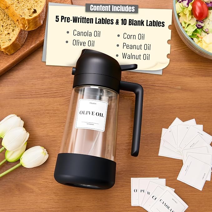 PARACITY Oil Dipenser Bottle with Silicone Bottom, 2 in 1 Olive Oil Sprayer and Dispenser, Oil Spray Bottle 470ML/ 16OZ for Cooking, Kitchen, BBQ, Air Fryer, Salad, Baking(1PC Black)