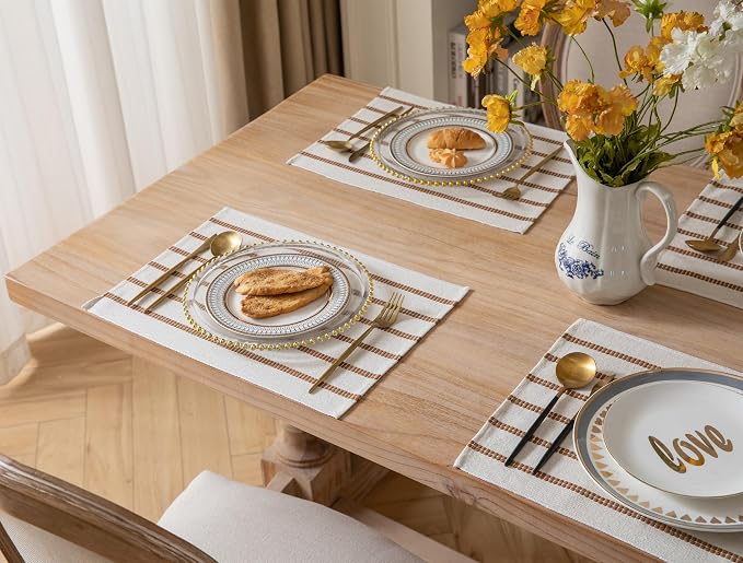 Caflife Boho Farmhouse Placemats Set of 4, Brown Stripes Cotton Linen Woven Table Mats for Modern Dining Table, 13x19 Inch Rustic Kitchen Decor Place Mats