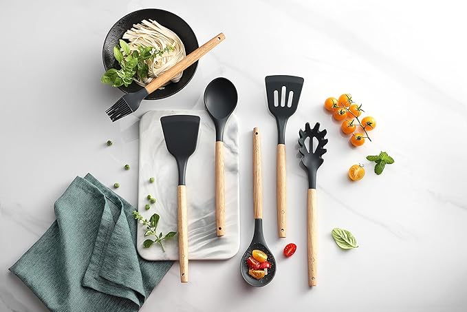 Kitchen Utensils Set 6 PCS, Non-Toxic Cooking Utensils with Heat-Resistant Silicone Spatula, Large Serving & Slotted Spoon, Flexible Spatulas, Brush and Spaghetti Rake - Ideal Starter Set